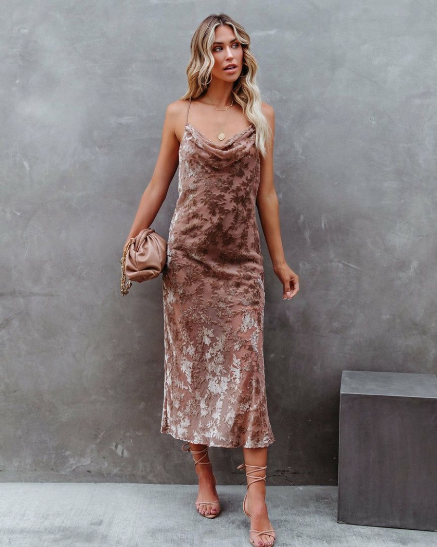 Clothing * | Fate-001 Tobia Velvet Midi Slip Dress Taupe Final Sale Dresses