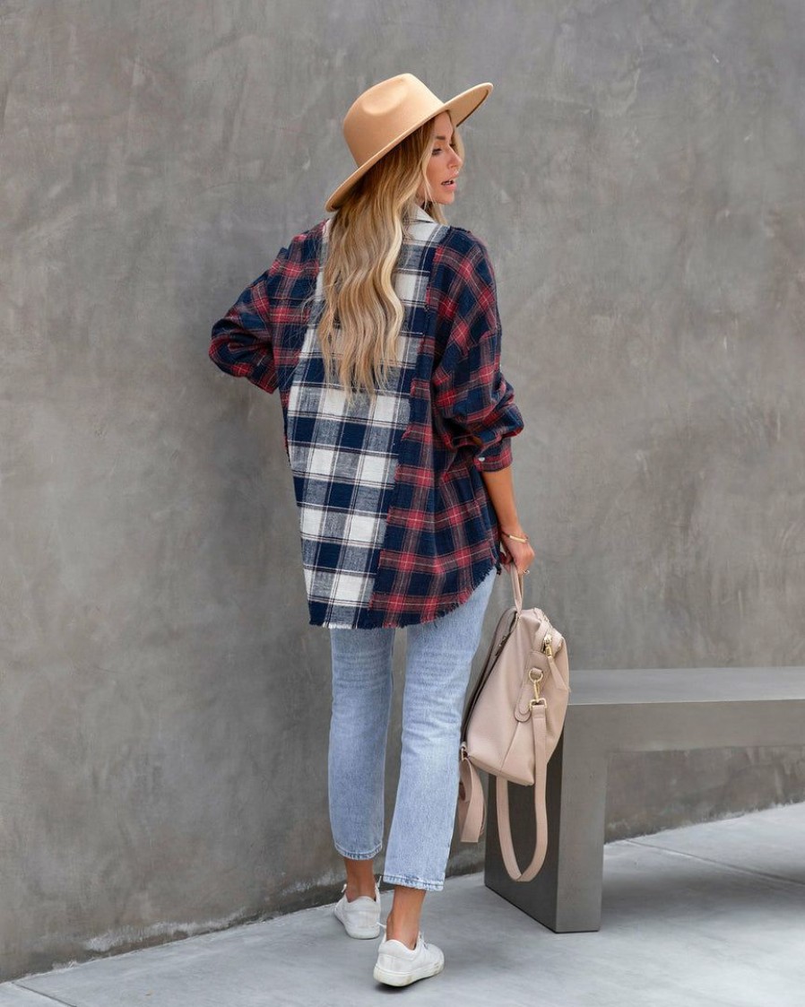 Clothing * | A.Peach Autumn Tones Cotton Plaid Distressed Top Tops