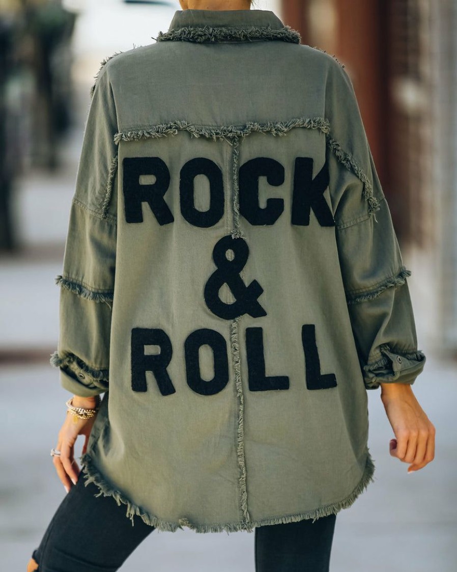 Clothing * | Elan-001 Cotton Rock & Roll Frayed Utility Jacket Olive Coats & Jackets