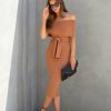 Clothing * | Tych-001 Top Secret Ribbed Off The Shoulder Dress Camel