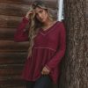 Clothing * | Bibi-001 Larsa Thermal V-Neck Peplum Top Wine Flash Sale Tops