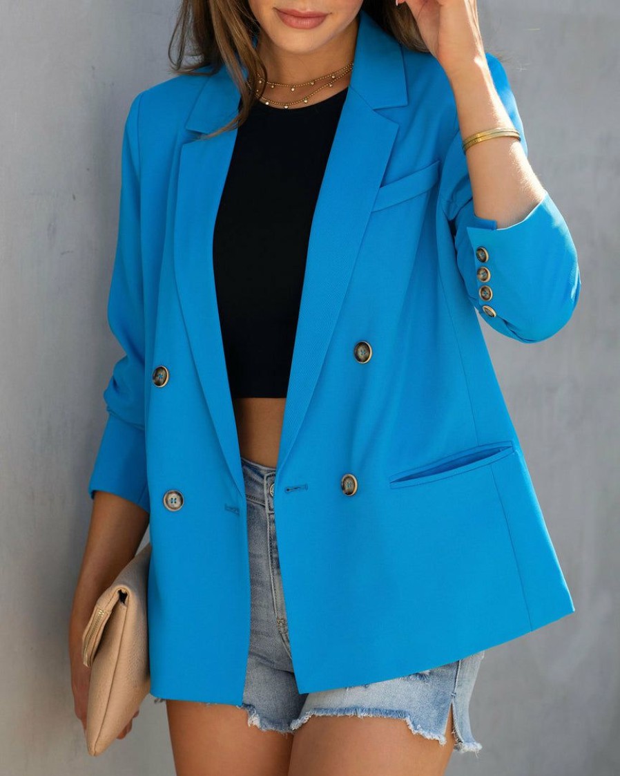 Clothing * | Aaa-001 Long Shot Pocketed Blazer Aqua Blue Chic Matching Sets