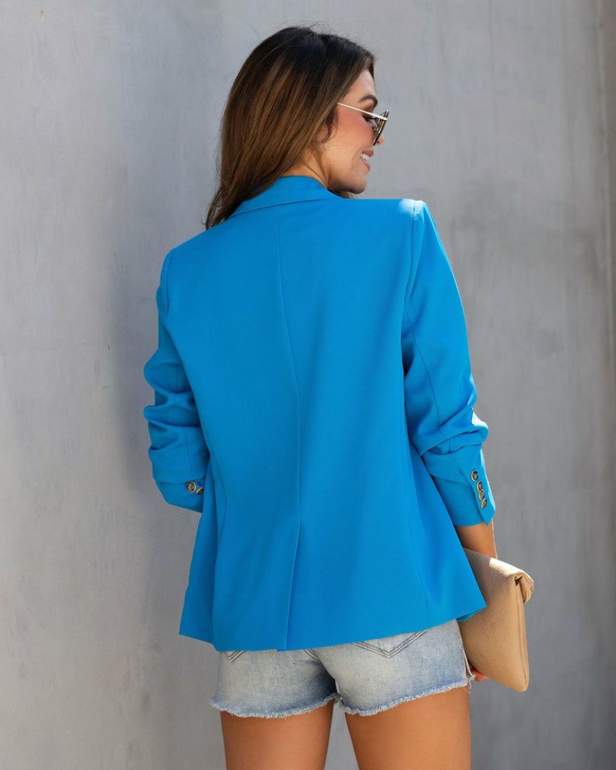 Clothing * | Aaa-001 Long Shot Pocketed Blazer Aqua Blue Chic Matching Sets