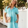 Clothing * | Fate-001 Dresses Milan Pocketed Chambray Button Down Shirt Dress Turquoise Final Sale