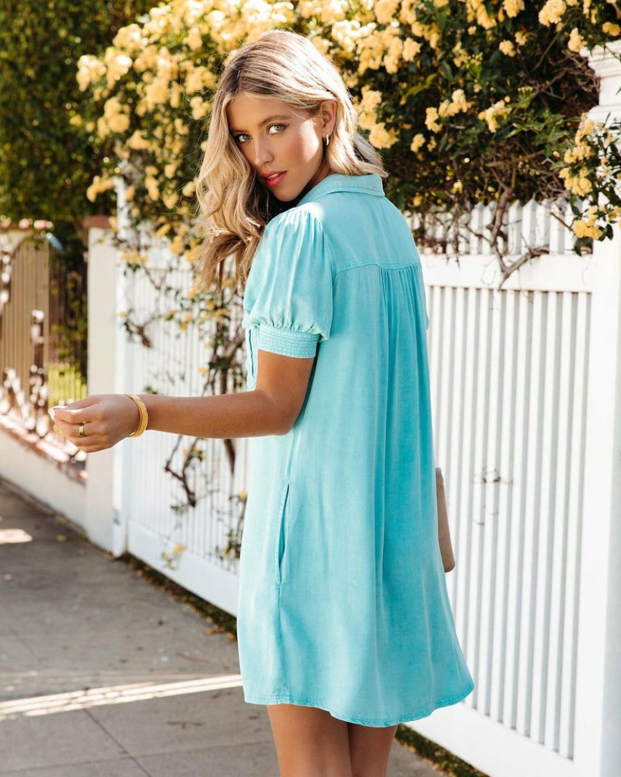 Clothing * | Fate-001 Dresses Milan Pocketed Chambray Button Down Shirt Dress Turquoise Final Sale