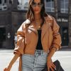 Clothing * | Baga-001 Everyday Essentials Lucia Pocketed Faux Leather Crop Moto Jacket Biscotti