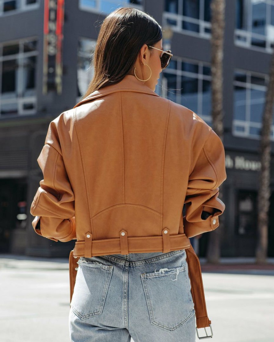 Clothing * | Baga-001 Everyday Essentials Lucia Pocketed Faux Leather Crop Moto Jacket Biscotti