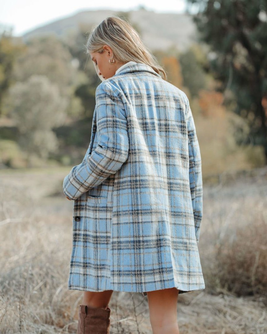 Clothing * | &Mer-001 Stan Pocketed Plaid Coat Light Blue Final Sale