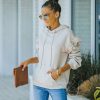 Clothing * | On T-001 Valeria Pocketed Eyelet Trim Hoodie Cream Sweaters