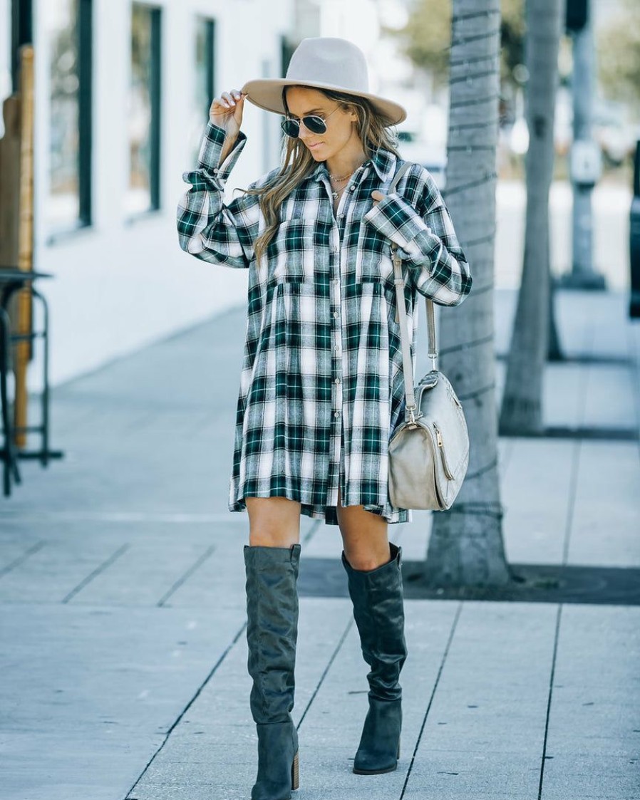 Clothing * | Fore-001 Klay Cotton Plaid Button Down Shirt Dress Green Dresses