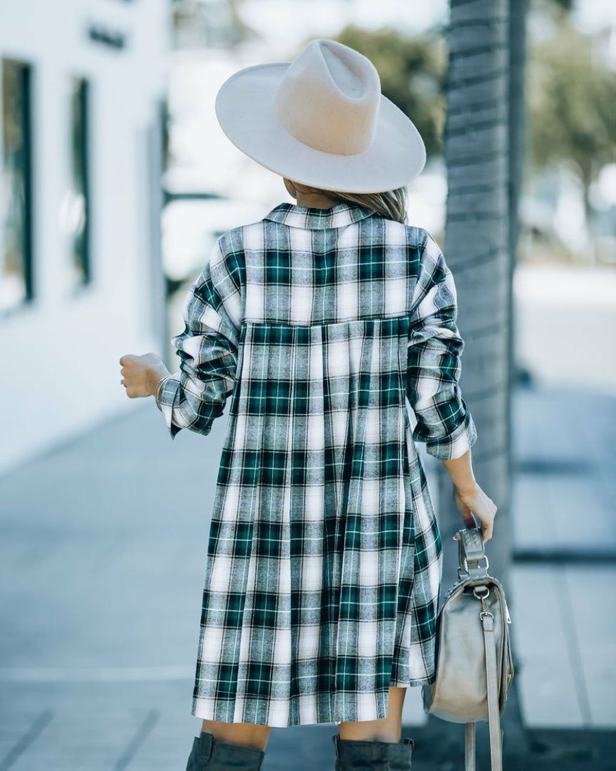 Clothing * | Fore-001 Klay Cotton Plaid Button Down Shirt Dress Green Dresses