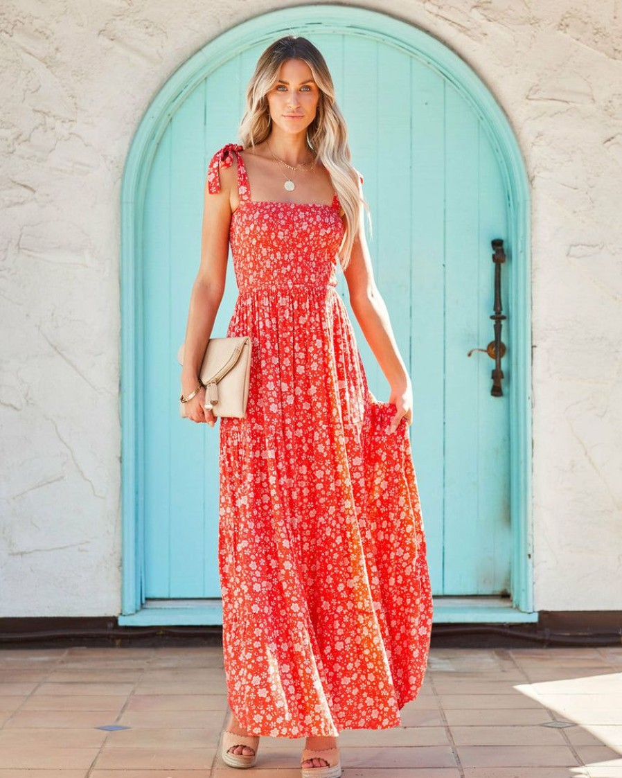 Clothing * | Enc-001 Claira Floral Tie Strap Maxi Dress Orange