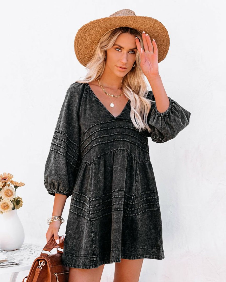 Clothing * | Must-001 Dresses Irvine Cotton Pocketed Denim Babydoll Dress Vintage Black