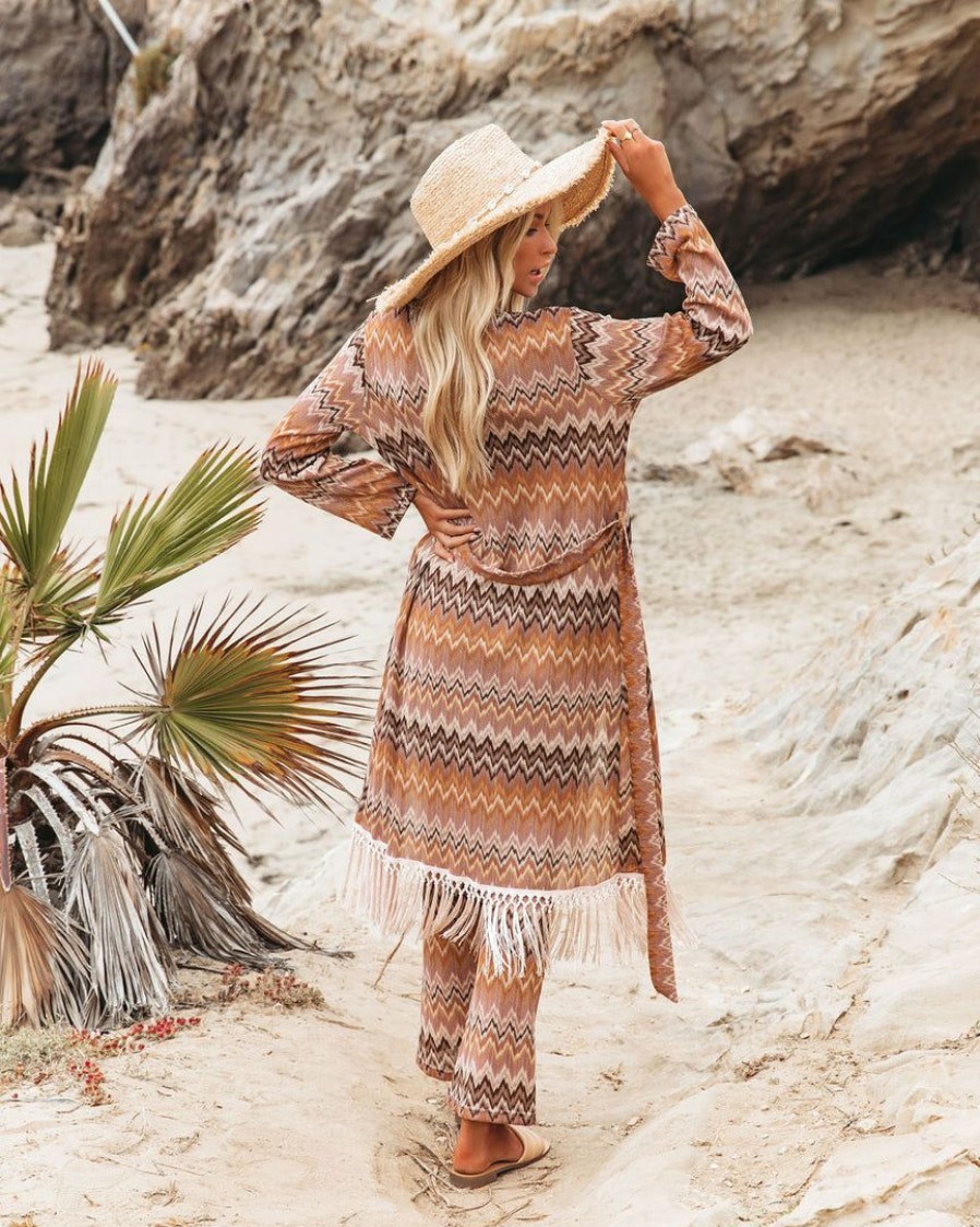 Clothing * | Gill-001 Margarite Chevron Fringe Belted Duster Cardigan Final Sale The Vacation Shop