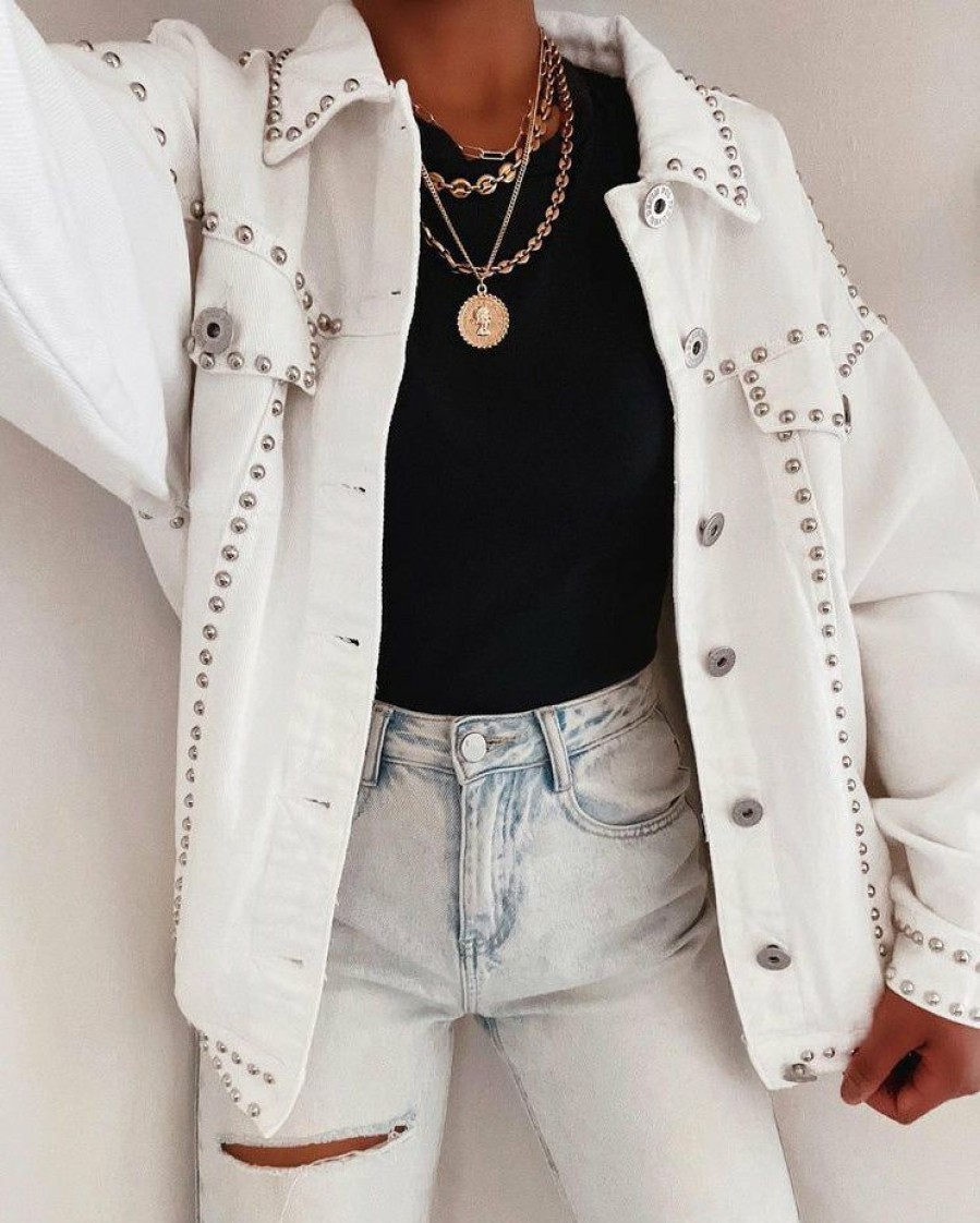 Clothing * | Pol-001 Kind Of A Big Deal Pocketed Studded Denim Jacket White The Denim Shop