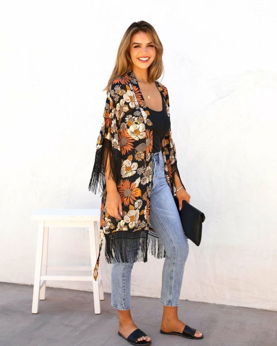 Clothing * | On T-001 Sonny Dawn Floral Fringe Kimono The Vacation Shop