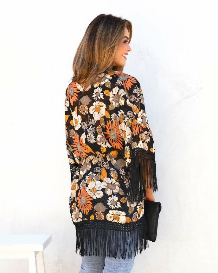 Clothing * | On T-001 Sonny Dawn Floral Fringe Kimono The Vacation Shop