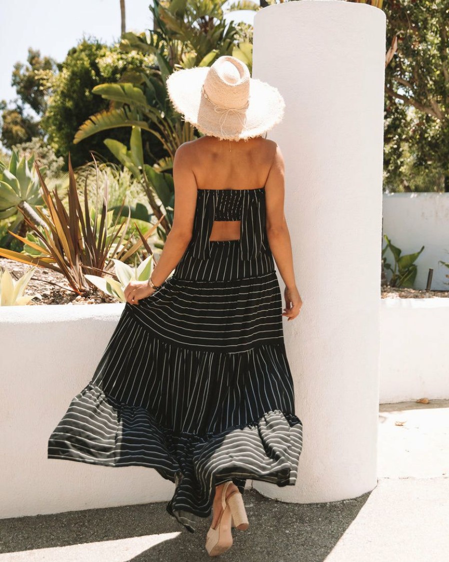 Clothing * | Must-001 The Vacation Shop Janai Strapless Striped Maxi Dress Black Final Sale