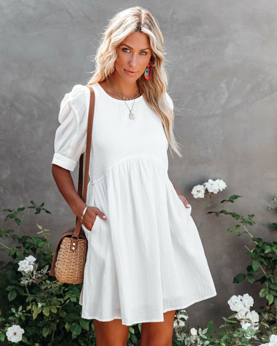 Clothing * | &Mer-001 Amber Cotton Pocketed Puff Sleeve Dress White