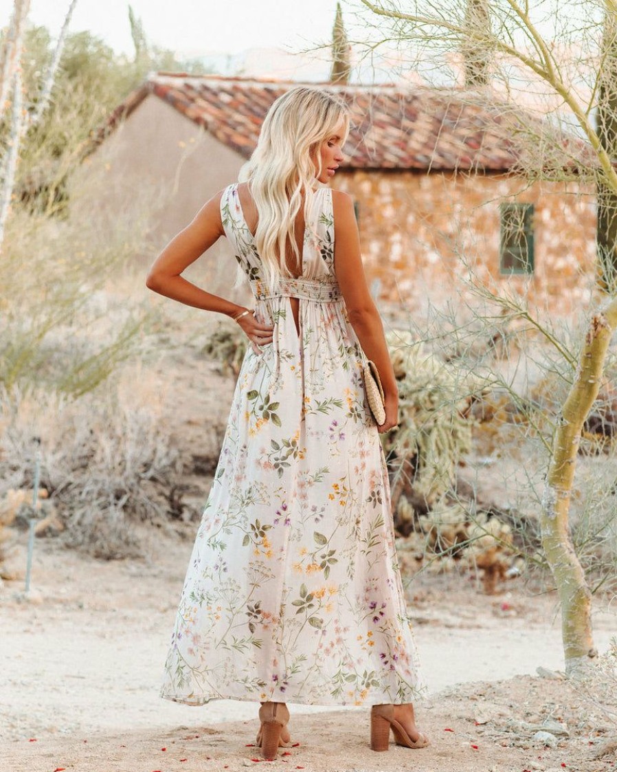 Clothing * | Oliv-001 Rise, Shine Floral Smocked Maxi Dress Peach Blush Sweet Summertime