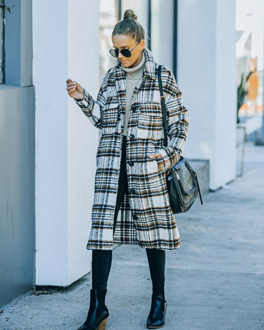 Clothing * | Lumi-001 Wayland Pocketed Plaid Coat Brown Final Sale Coats & Jackets