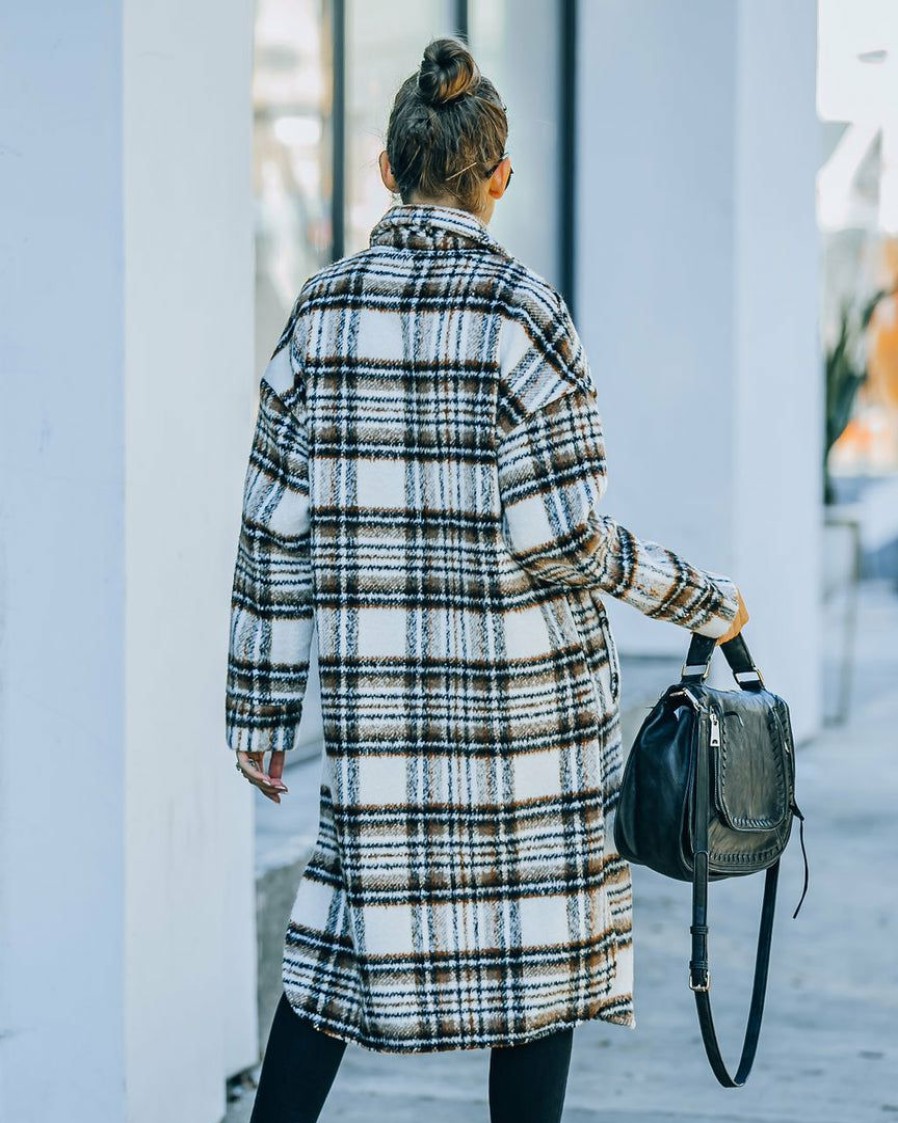 Clothing * | Lumi-001 Wayland Pocketed Plaid Coat Brown Final Sale Coats & Jackets