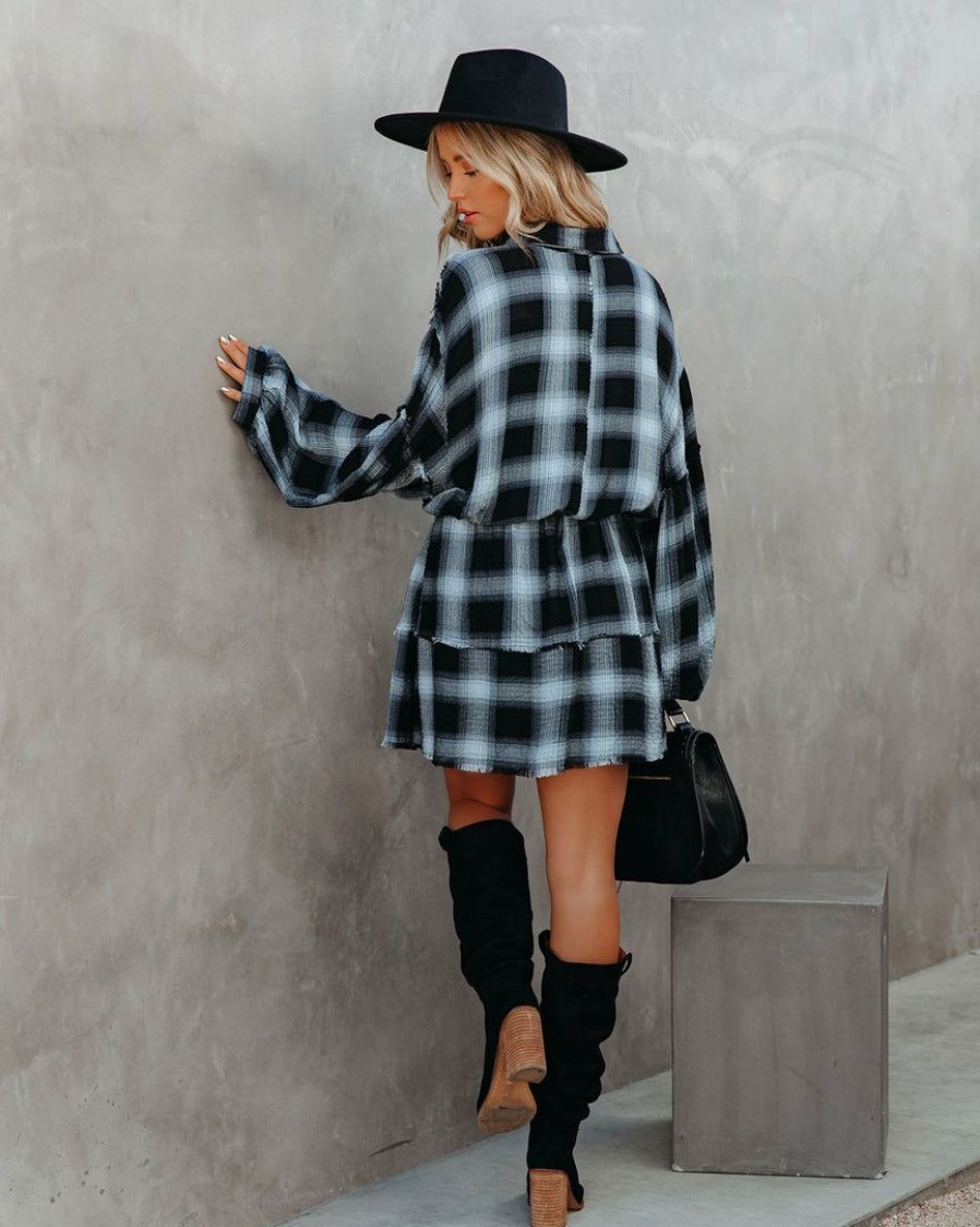 Clothing * | Vint-001 Dresses Truckee Plaid Button Down Shirt Dress Midnight Final Sale