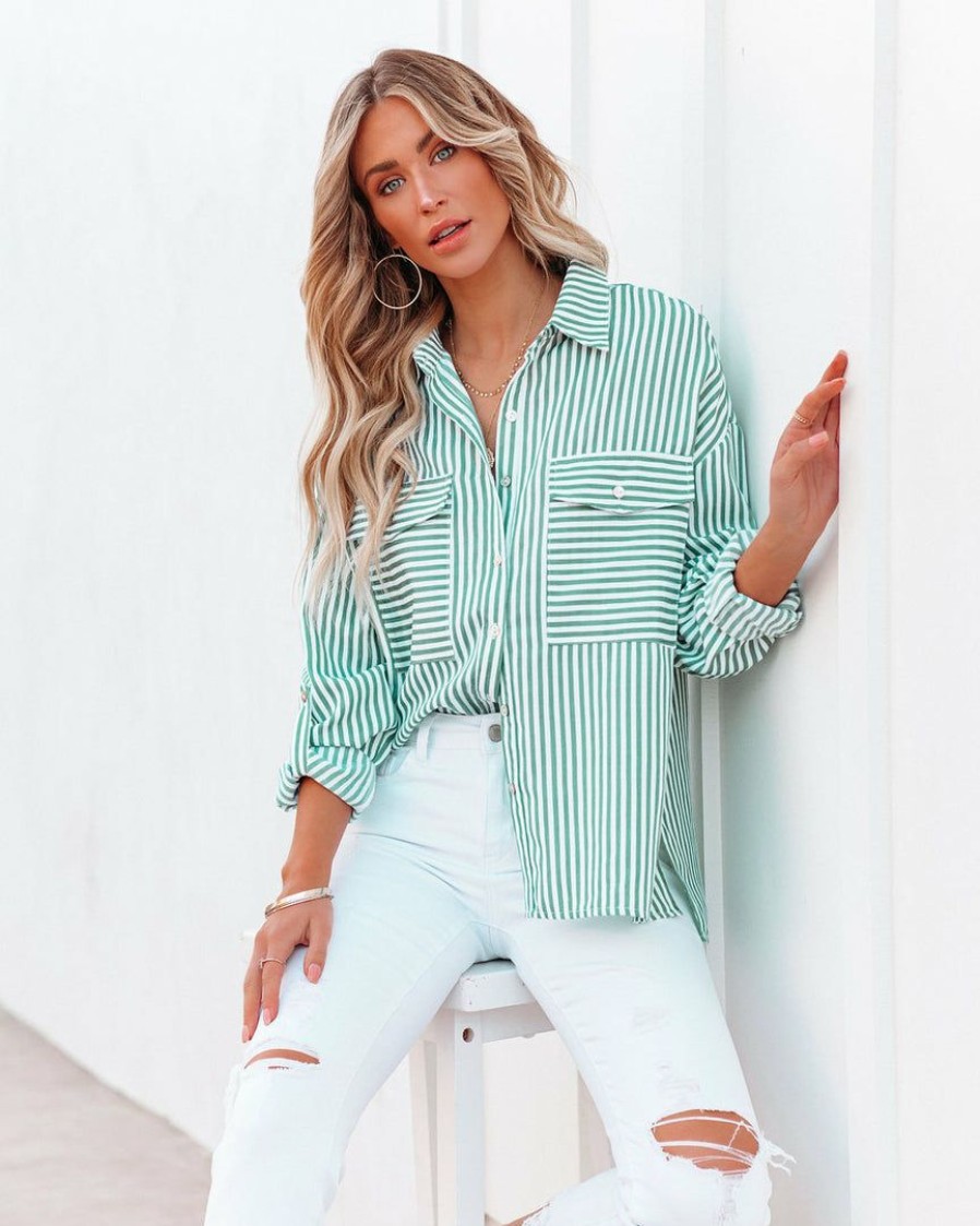 Clothing * | Entr-001 Embrace The Sun Striped Button Down Top Green Tops