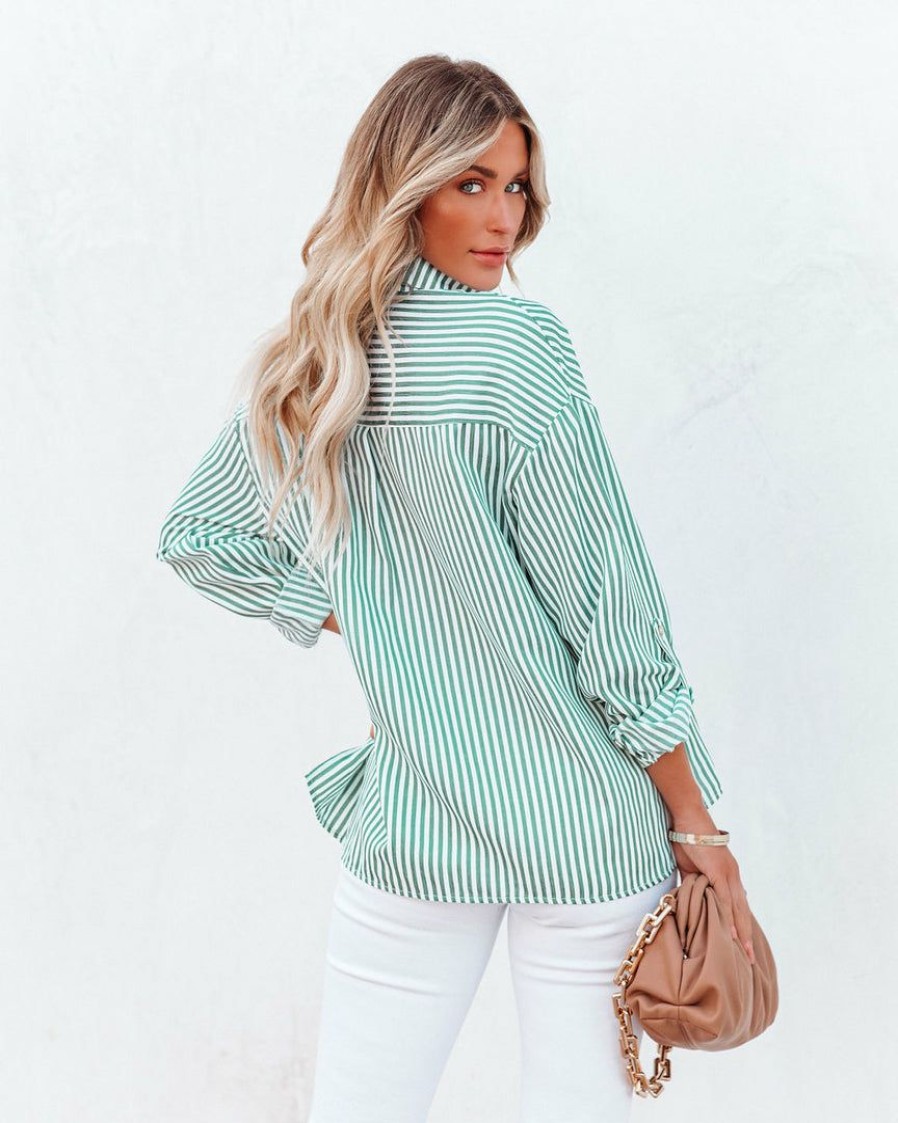 Clothing * | Entr-001 Embrace The Sun Striped Button Down Top Green Tops