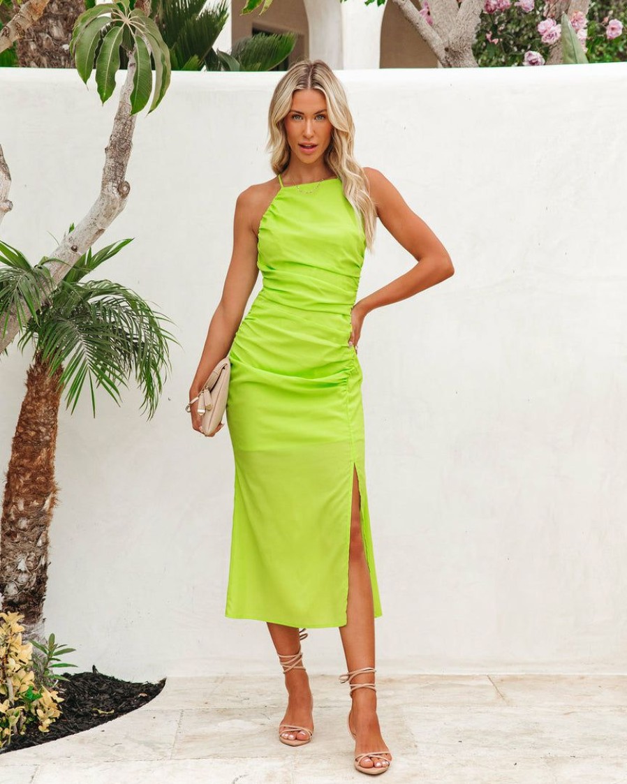 Clothing * | Aeom-001 Dazzle Me Ruched Midi Dress Neon Green Take Me To Miami