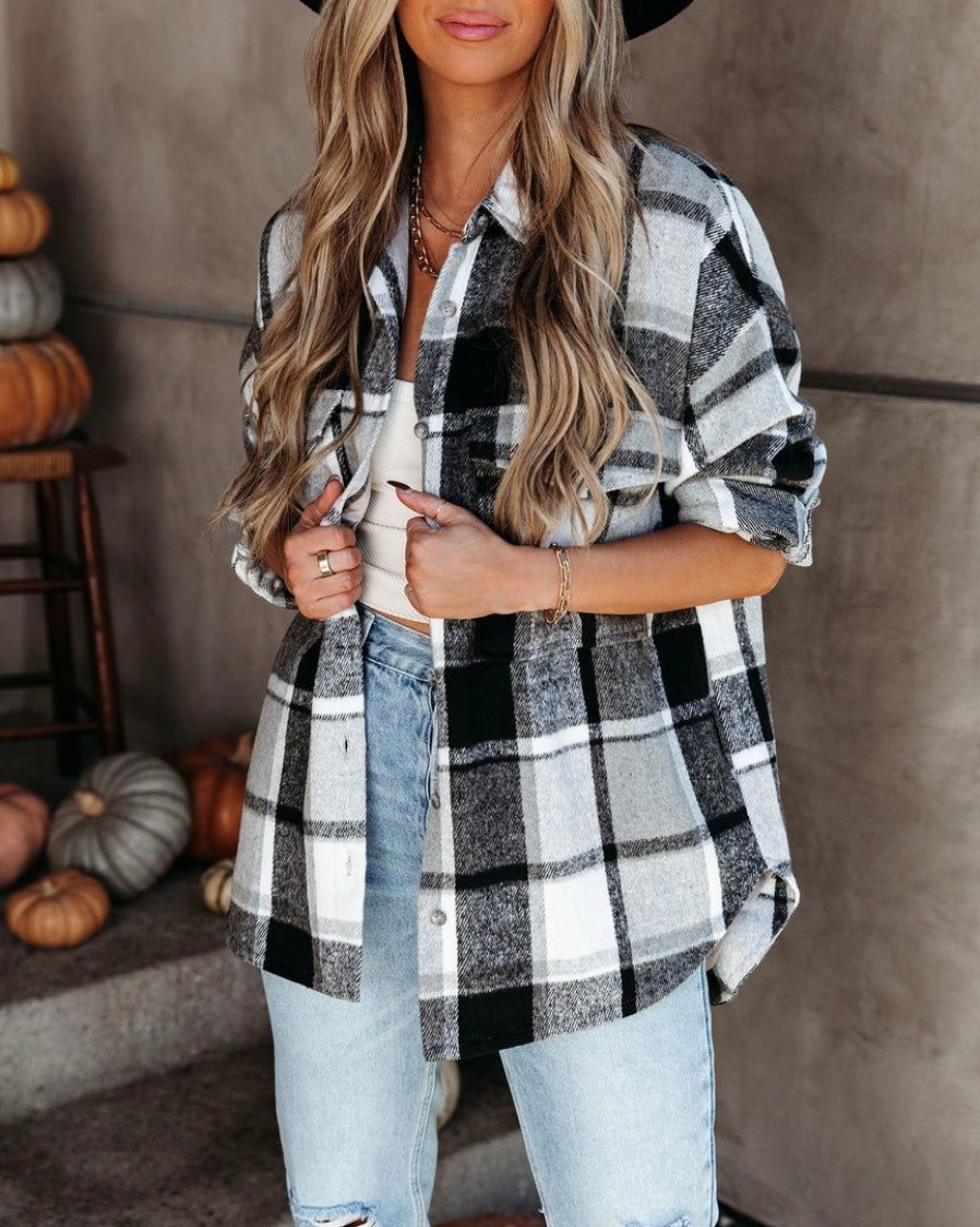 Clothing * | Acoa-001 Trace Pocketed Plaid Button Down Shacket Grey Final Sale Coats & Jackets