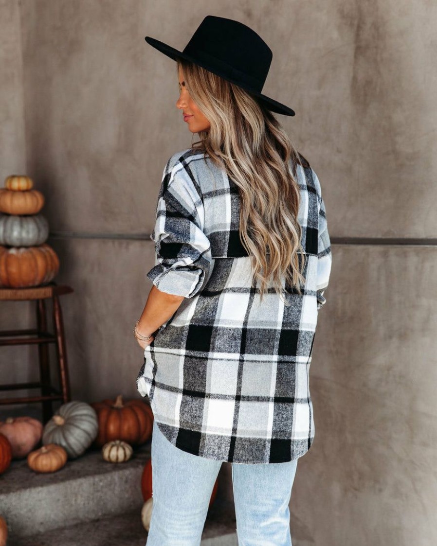 Clothing * | Acoa-001 Trace Pocketed Plaid Button Down Shacket Grey Final Sale Coats & Jackets