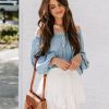 Clothing * | Blue-001 Karla Off The Shoulder Frayed Tencel Top Chambray Final Sale Sweet Summertime