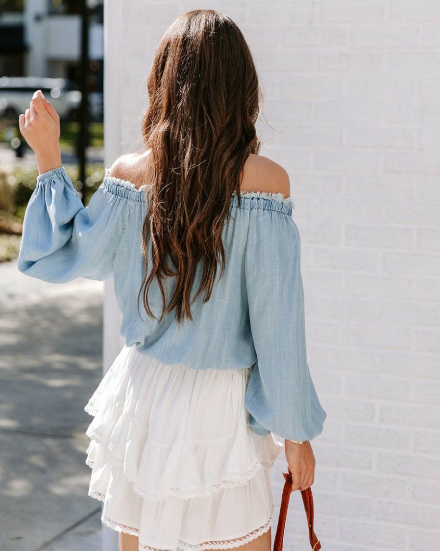 Clothing * | Blue-001 Karla Off The Shoulder Frayed Tencel Top Chambray Final Sale Sweet Summertime