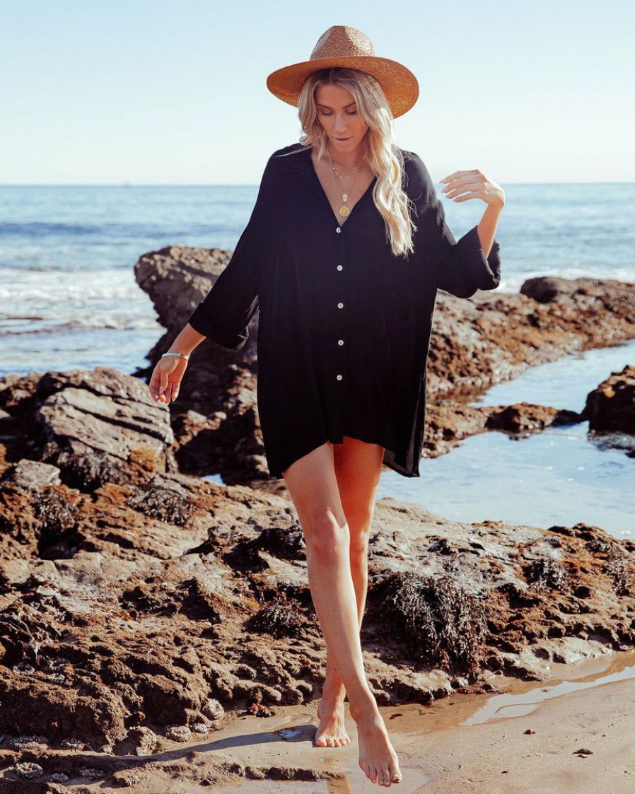 Clothing * | Elan-001 Jeanette Button Down Tunic Top Black Dresses