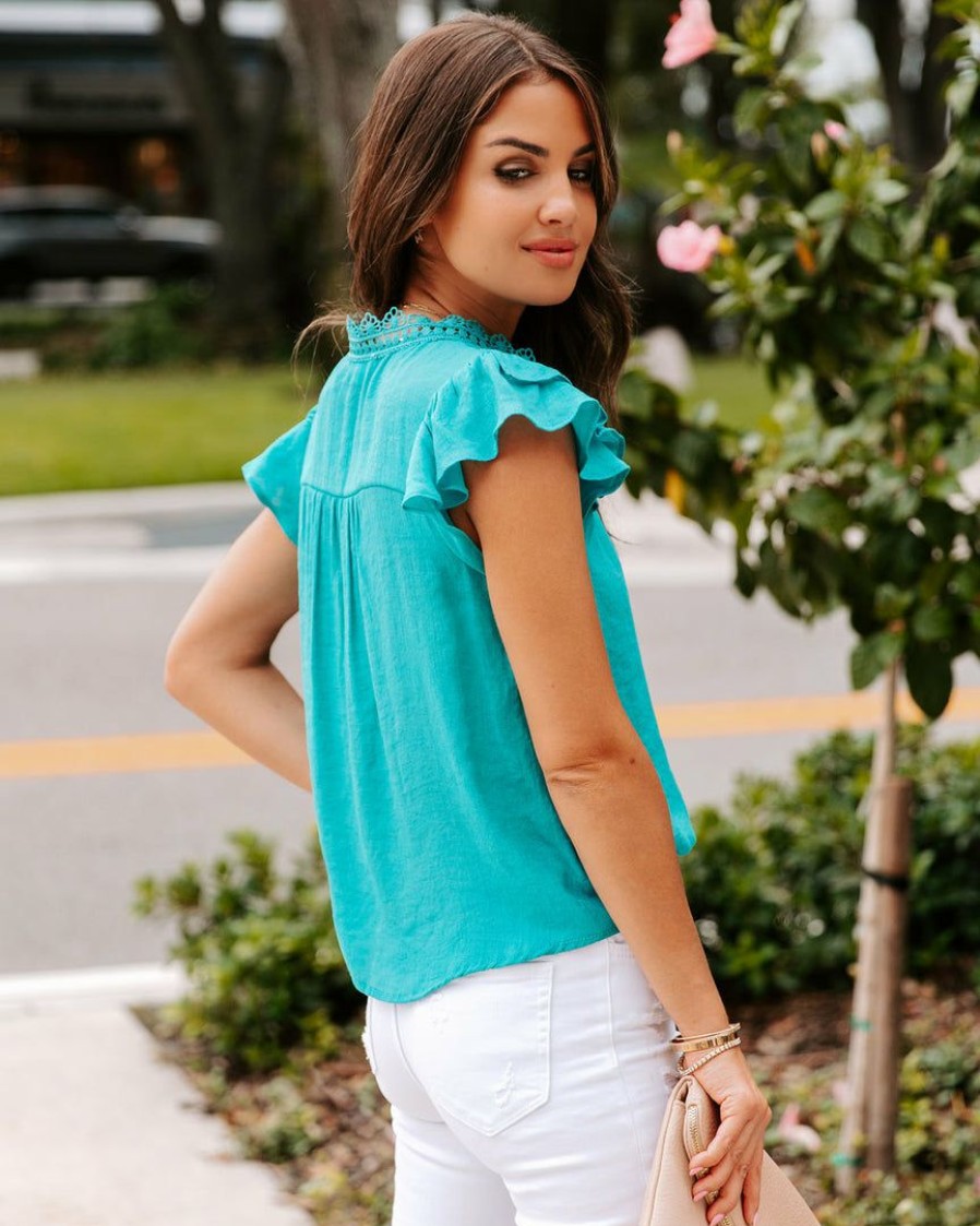 Clothing * | Blu-001 Tops Levine Embroidered Babydoll Top Light Teal Final Sale