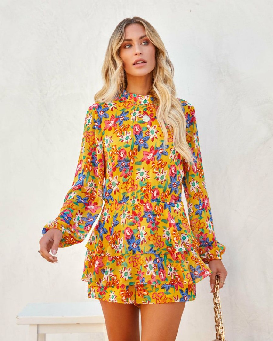 Clothing * | Endl-001 Kimmy Floral Ruffle Tiered Romper Orange Final Sale