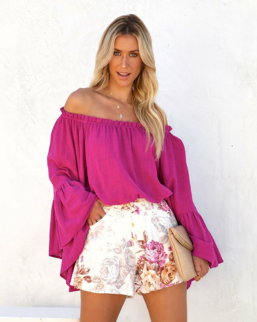 Clothing * | Oliv-001 Herrera Cotton Off The Shoulder Bell Sleeve Top Fuchsia Final Sale Tops