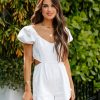 Clothing * | Blue-001 Elenore Puff Sleeve Cutout Denim Romper Off White Final Sale