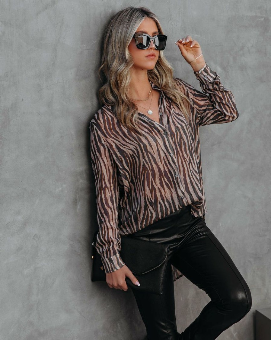 Clothing * | Dres-001 Monroe Tiger Print Button Down Blouse