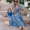 Clothing * | Mabl-001 Dresses Rye Puff Sleeve Gingham Midi Dress Navy Final Sale