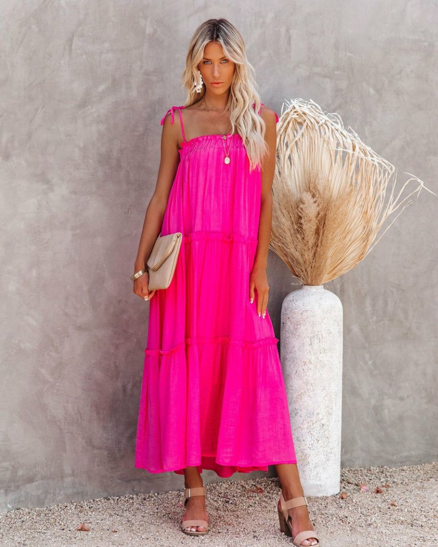 Clothing * | &Mer-001 Dresses Catch The Sun Tiered Midi Dress Hot Pink Final Sale