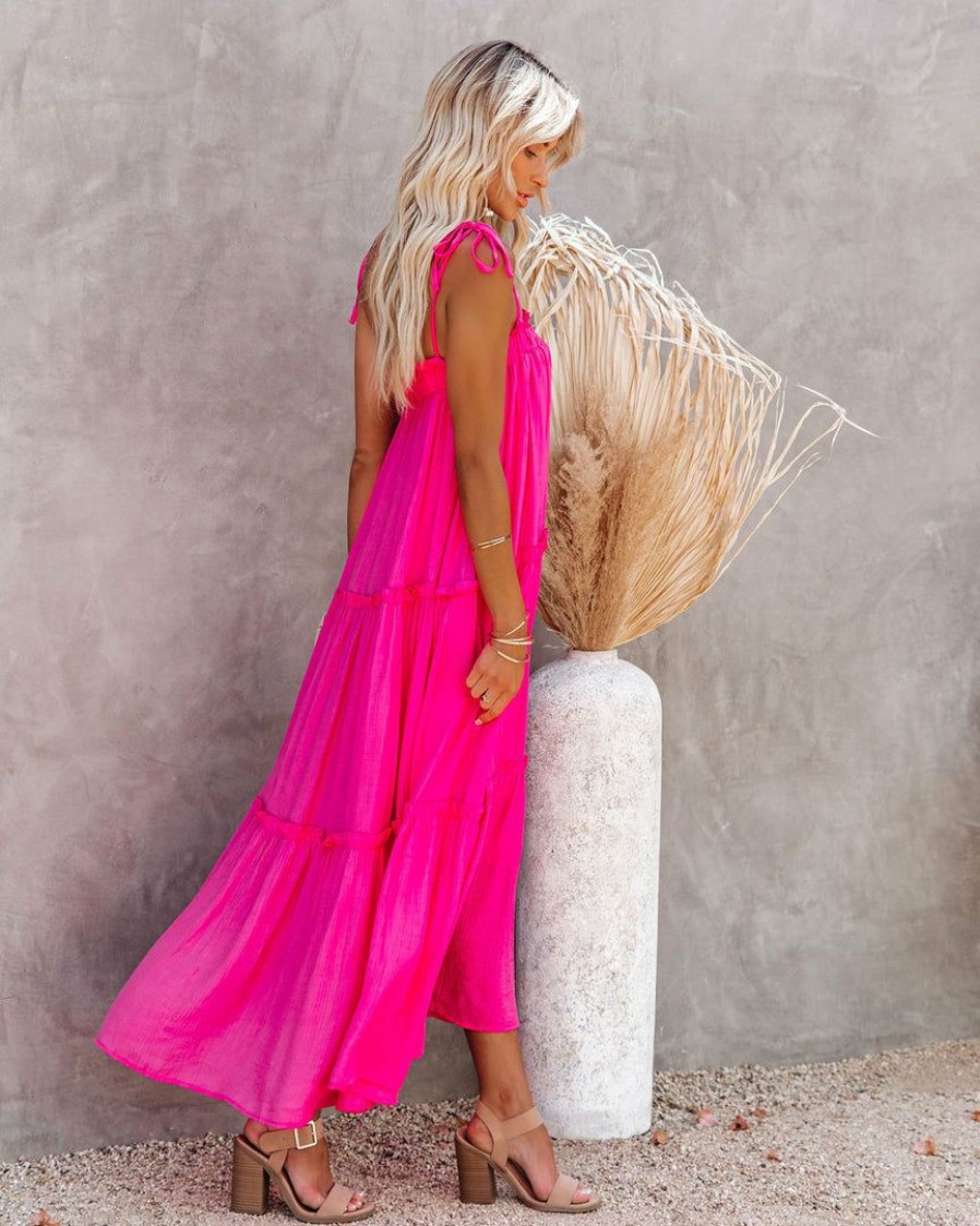 Clothing * | &Mer-001 Dresses Catch The Sun Tiered Midi Dress Hot Pink Final Sale