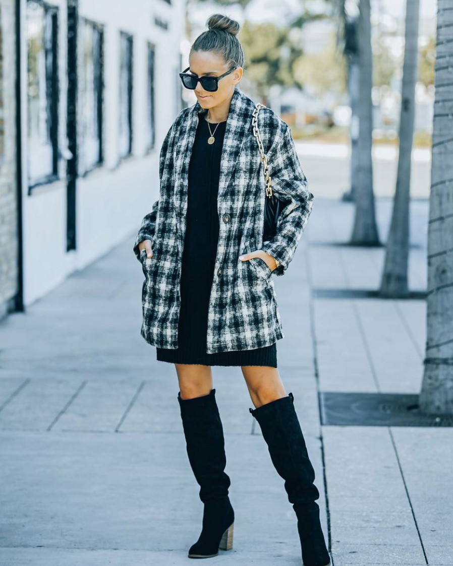 Clothing * | Lush-001 Berlin Pocketed Shimmer Plaid Coat Black Final Sale