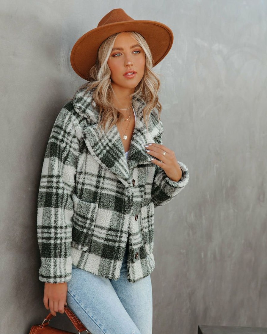 Clothing * | Lush-001 Pinole Pocketed Plaid Teddy Jacket Grey Final Sale Coats & Jackets