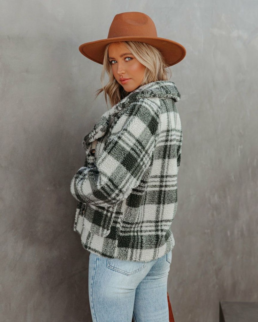 Clothing * | Lush-001 Pinole Pocketed Plaid Teddy Jacket Grey Final Sale Coats & Jackets