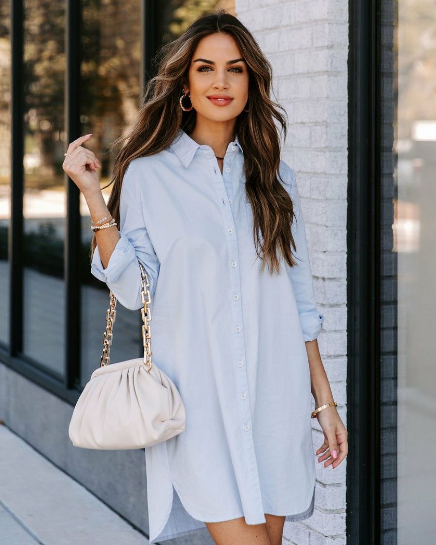 Clothing * | Flaw-001 Risky Business Pocketed Button Down Shirt Dress Sky Blue