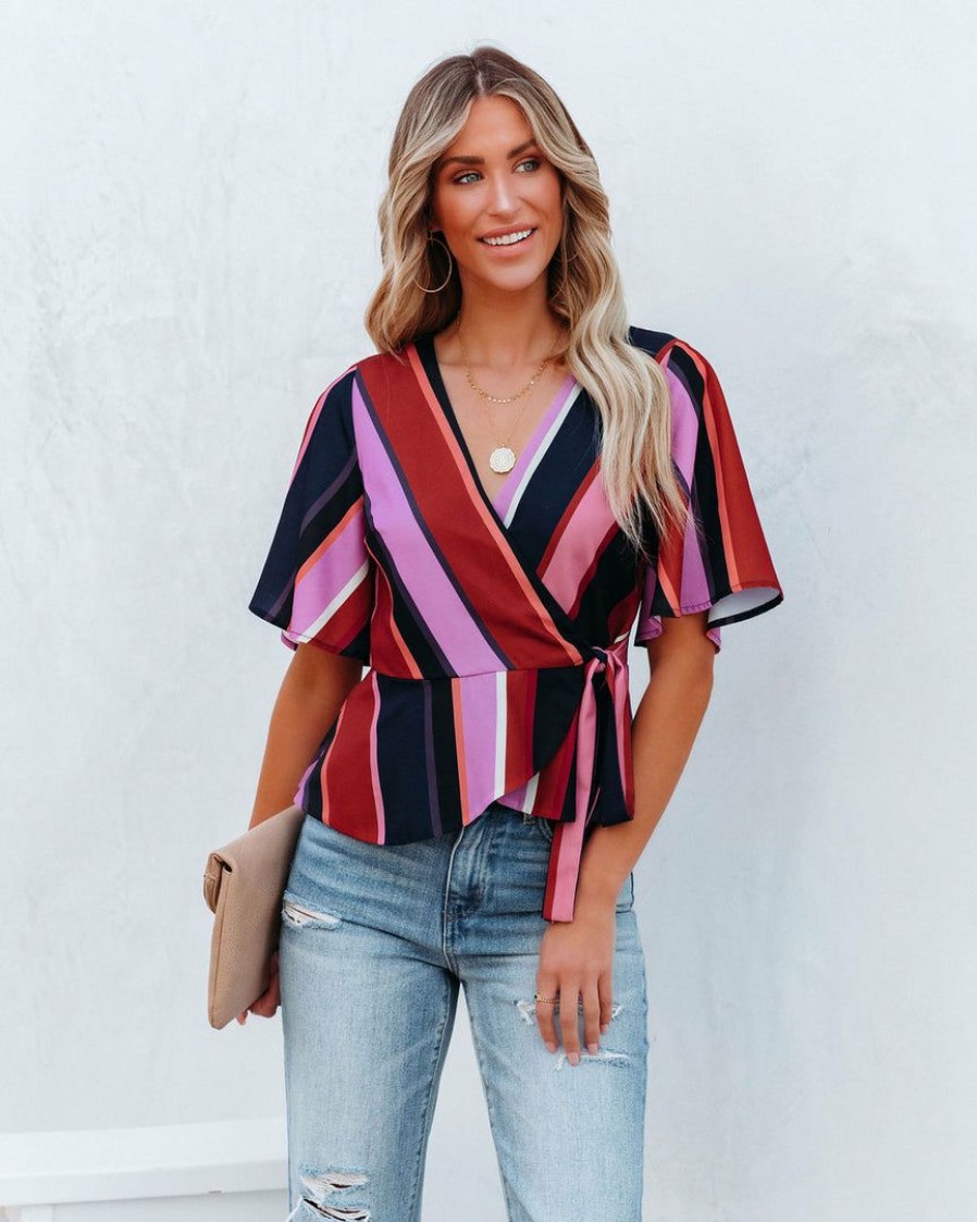 Clothing * | Dee-001 Franny Striped Peplum Wrap Blouse Final Sale