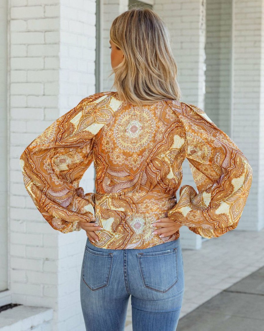 Clothing * | A.Peach Date Night Out Corrine Satin Balloon Sleeve Wrap Blouse Gold Multi Final Sale