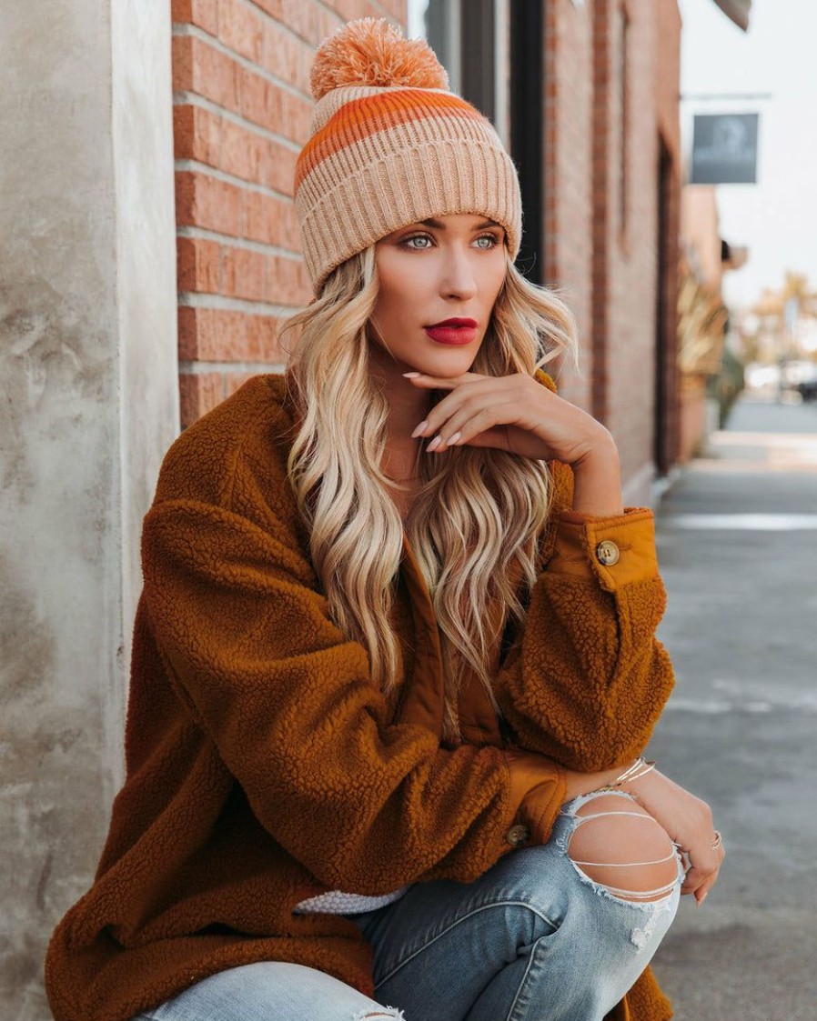 Accessories * | Succ-001 Sunrise Striped Pom Beanie Tan Final Sale